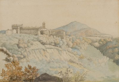 Grotta Ferratan luostari, muinainen Tusculum, Italia, n.1805 (lyijykynä ja wc paperille). tekijältä Samuel Woodforde