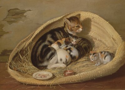 Kissa pentujensa kanssa korissa, 1797 tekijältä Samuel de Wilde