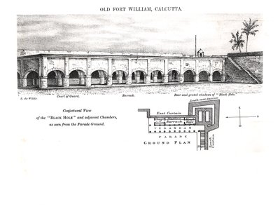 Vanha Fort William, Kalkutta, arveluaalinen näkymä "mustalle aukolle" ja viereisille kammioille paraatikentältä katsottuna tekijältä Samuel de Wilde