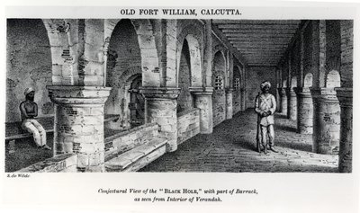 Vanha Fort William, Kalkutta, arveluaalinen näkymä "mustalle aukolle" ja osa kasarmista verannan sisäpuolelta nähtynä tekijältä Samuel de Wilde