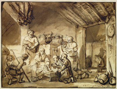 Paimenten palvonta (kynän ja musteen pesu mustalla liidulla paperille) tekijältä Samuel van Hoogstraten