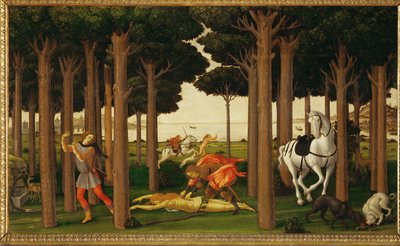 Nastagio degli Onestin tarina, toinen kolmesta taulusta: Ratsastaja tappaa tytön ja heittää hänen sydämensä koirille. tekijältä Sandro (1444/5-1510) Botticelli