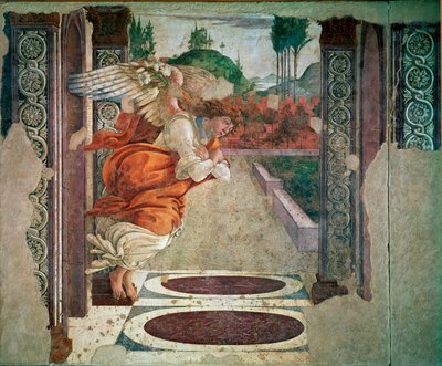 Angel of the Annunciation yksityiskohta. Fresko: Alessandro di Mariano dei Filipepi, Sandro Botticelli (1445-1510). 1481 su. 245x535 cm Firenze, Uffizi-galleria (toimistot) tekijältä Sandro Botticelli
