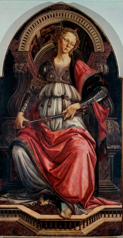 Voiman allegoria. Alessandro di Mariano dei Filipepin maalaus puulle Sandro Botticelli (1445-1510) 1470 noin. Su. 167x87 cm Uffizi Gallery (toimistot) Firenze tekijältä Sandro Botticelli