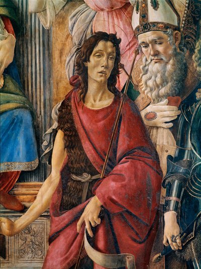 Pala di San Barnaba (Pyhän Barnaban alttaritaulu): Neitsyt Marialla on lapsi Pyhän Katariinan Aleksandrialaisen, Pyhän Augustinuksen, Pyhän Barnaban ja Pyhän Johannes Kastajan, Antiokian Pyhän Ignatiuksen ja arkkienkeli Pyhän Mikaelin kanssa. Yksityiskohta tekijältä Sandro Botticelli