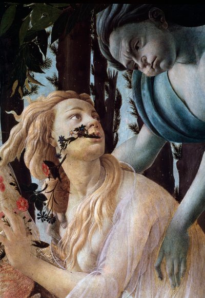 Kevät. Yksityiskohta: Zephyr kaappaa Chlorista läpinäkyvää huntua yllään (Maalaus tekijältä Sandro Botticelli