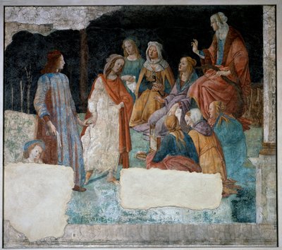 Nuori mies johti Seven Liberals Artsin kokoukseen. Fresko Villa Lemmistä. Sandro Botticellin maalaus (1444-1510) tekijältä Sandro Botticelli