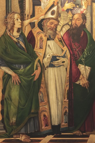 Alttaritaulu, pääruutu: Madonna valtaistuimella, neljä enkeliä ja pyhimyksiä. tekijältä Sandro Botticelli