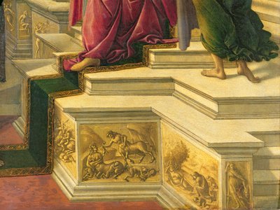 Apellesin herjaus: yksityiskohta, jossa näkyy osa klassisia aiheita esittävillä simuloiduilla veistoksellisilla friiseillä koristellusta korokkeesta, 1497-98, taulun 31582 yksityiskohdat. tekijältä Sandro Botticelli