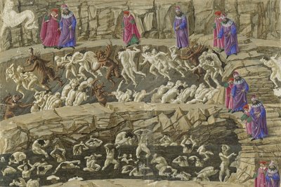 Canto XVIII, osa helvetin 8. ympyrää, kuvitus Danten teoksesta "Inferno", n. 1485 tekijältä Sandro Botticelli