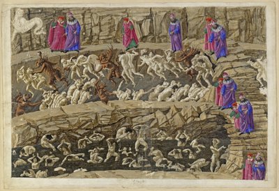 La Divina Commedia, Inferno XVIII. Vergilius ja Dante helvetin kahdeksannessa piirissä (Malebolge), 1. ja 2. bolgia: parittajien ja viettelijöiden, imartelijoiden ja huorien rangaistus tekijältä Sandro Botticelli