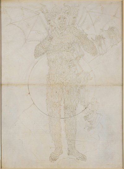 La Divina Commedia, Inferno XXXIV (2). Helvetin keskipiste: Lucifer täydessä loistossaan (Suuri Saatana); Jäähyväiset Infernoon tekijältä Sandro Botticelli
