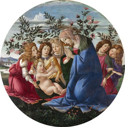 Madonna palvelee lasta viiden enkelin kanssa tekijältä Sandro Botticelli