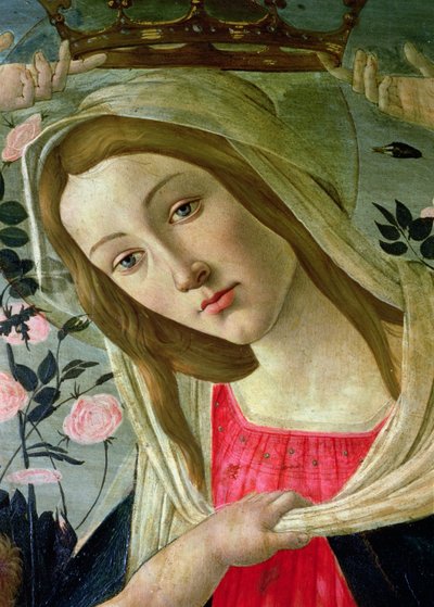 Madonna ja lapsi enkelien kruunaamina, yksityiskohta Madonnasta, öljy paneelille. tekijältä Sandro Botticelli