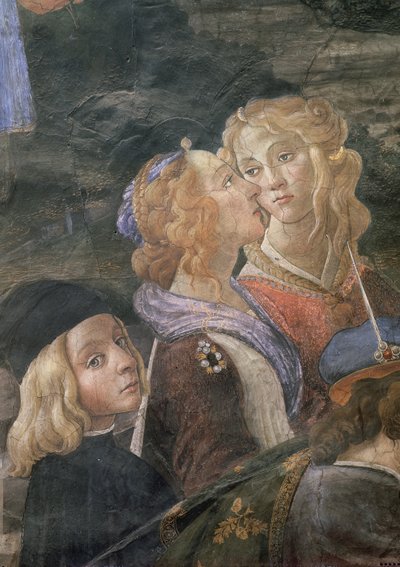 Sikstuksen kappelissa oleva Lepraisen puhdistus ja Kristuksen kiusaaminen: yksityiskohta kahdesta naisesta ja nuoresta pojasta väkijoukossa, fresko vuodelta 1481. tekijältä Sandro Botticelli