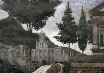Sikstuksen kappelissa oleva Lepraisen puhdistus ja Kristuksen kiusaaminen: yksityiskohta kuvitteellisesta kaupungista maisemassa, fresko vuodelta 1481. tekijältä Sandro Botticelli