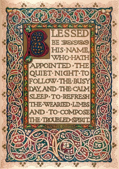 "Valaistu käsikirjoitus Walter Scottin Talismanin havainnollistamiseksi", n. 1830 tekijältä Sangorski and Sutcliffe