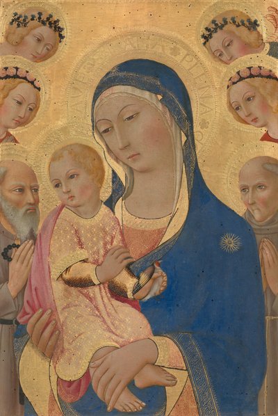 Madonna ja lapsi Pyhän Hieromuksen, Saint Bernardinon ja enkelien kanssa tekijältä Sano di Pietro