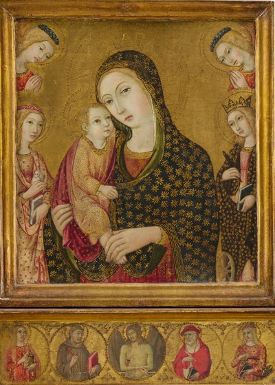 Madonna ja lapsi kuolleen Kristuksen kanssa, pyhät Agnes ja Katariina Alexandriasta...n. 1470-80. tekijältä Sano di Pietro