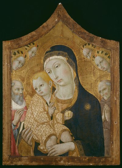 Neitsyt ja lapsi sekä pyhimykset Hieronymus, Bernardino Sienalainen ja enkelit. tekijältä Sano di Pietro