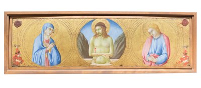 Kristus murheiden miehenä neitsyt Marian ja evankelista Johanneksen välillä tekijältä Sano di also Ansano di Pietro di Mencio Pietro