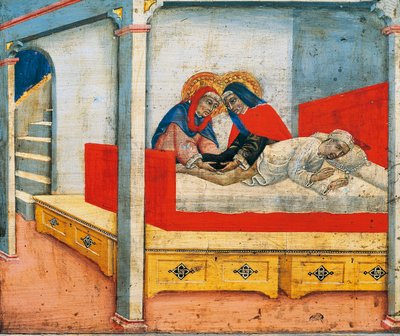 Pyhät Cosmas ja Damian kiinnittävät Etiopian jalan sakristaniin (Etiopialaisen jalan ihme), kohtaus predellasta Madonna ja lapsi enkelien ja pyhimysten kanssa, kirjoittanut Sano di Pietro (1405-1481), paneeli tekijältä Sano di also Ansano di Pietro di Mencio Pietro