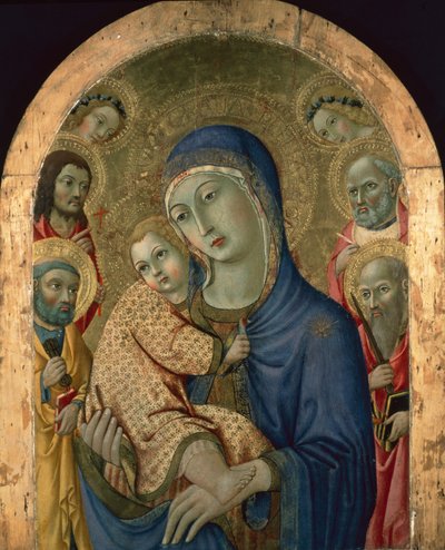 Madonna ja lapsi pyhien ja enkelien kanssa (tempera paneelissa) tekijältä Sano di also Ansano di Pietro di Mencio Pietro
