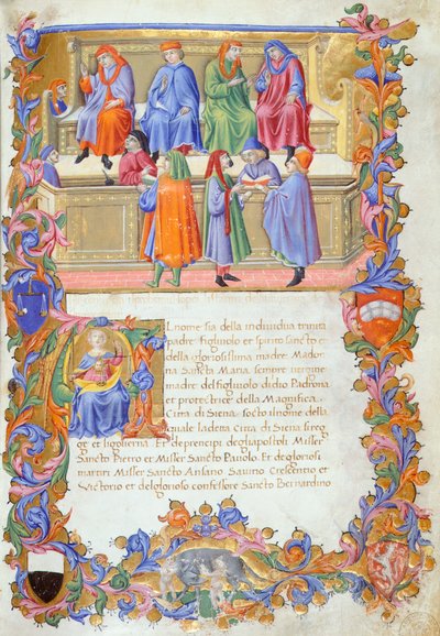 Tribunal of Merchandise, miniatyyri Sano di Pietron kauppiaiden perussäännöstä nro 6. tekijältä Sano di also Ansano di Pietro di Mencio Pietro