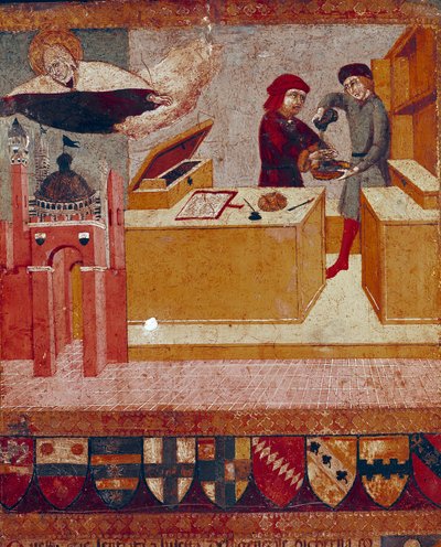 Camerlingvist symbolisesti pesee kätensä, kun hyväntahtoinen ja suojeleva Neitsyt lentää Siena Detailin kaupungin yli. Sano di Pietron (1406-1481) puumaalaus Bicchernaa koristamassa (Sienan kaupungin kirjanpitorekisterin kansi) 1451. tekijältä Sano di also Ansano di Pietro di Mencio Pietro