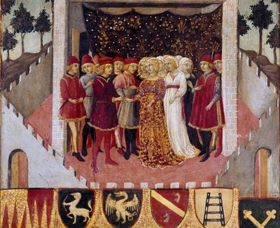 Sienan kaupungin aatelistoparin hääjuhla Sano di Pietron (1406-1481) maalaus Bicchernaa koristamassa (Sienan kaupungin kirjanpitorekisterin kansi) 1473. Siena Archivio di Stato, Italia tekijältä Sano di also Ansano di Pietro di Mencio Pietro