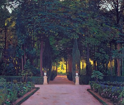Gardens at Aranjuez, kirjoittanut Rusinol, Santiago (1861-1931). Öljy kankaalle, n. 1899. Mitat: 117x139 cm. Ablo kokoelma tekijältä Santiago Rusinol i Prats