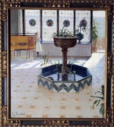 Suihkulähde kuistin alla James Rusinolin ja (i) Pratsin (1861-1931) maalaus 1894 Yksityinen kokoelma tekijältä Santiago Rusinol i Prats