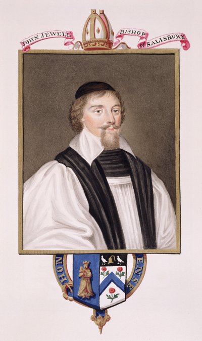 John Jewelin (1522-71) muotokuva Salisburyn piispan kirjasta "Memoirs of the Court of Queen Elizabeth", julkaistu vuonna 1825 (wc ja guassi paperilla) tekijältä Sarah Countess of Essex