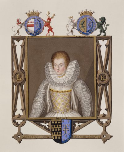 Lettice Knollysin (n. 1541-1634) muotokuva Sir Francis Knollysin tyttärestä Queen Elizabethin hovin muistelmista, julkaistu vuonna 1825 (wc ja guassi paperilla) tekijältä Sarah Countess of Essex