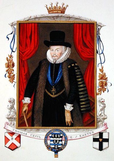 Muotokuva Sir Thomas Cecilistä (1542-1623) Exeterin 1. jaarlista, 2. lordi Burghleystä "Memoirs of the Court of Queen Elizabeth", julkaistu vuonna 1825 (akvarelli ja guassi paperille) tekijältä Sarah Countess of Essex