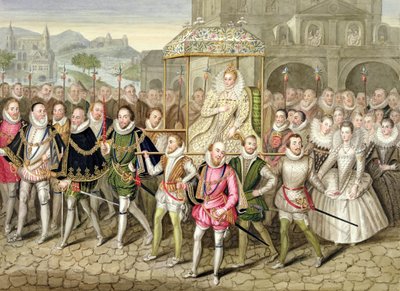 Kuningatar Elisabet I kulkueessa hovimiesteensä kanssa (n. 160003) kirjasta "Kuningatar Elisabetin hovin muistelmat" Robert Peaken (n. 1592-1667) syyksi luetun öljyn jälkeen Sherbornen linnassa, julkaistu 18. tekijältä Sarah Countess of Essex
