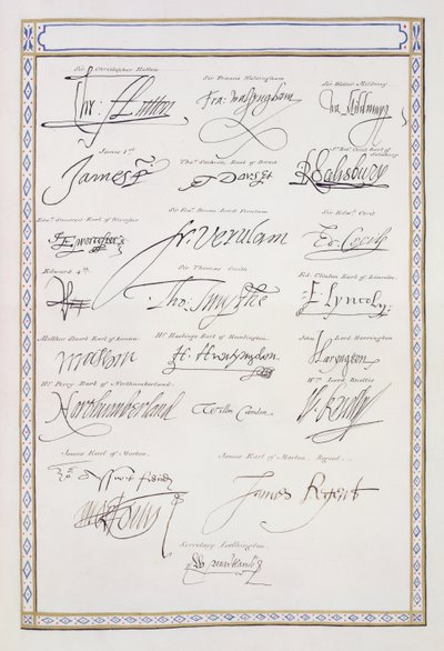 Jäljennös Tudorien ja heidän hovinsa allekirjoituksista vuonna 1825 julkaistusta teoksesta "Memoirs of the Court of Queen Elizabeth" (tussi ja muste paperille). tekijältä Sarah Countess of Essex