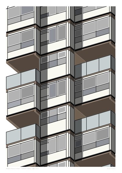 Lambeth Towers_Sepia, 2015 (grafiikan giclee-vedos) tekijältä Sarah Evans