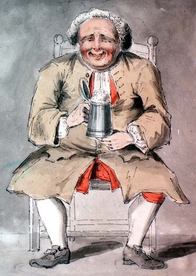 "A Dozing Toper", hahmotutkimusalbumista, 1700-luvun puoliväli (kynä ja muste akvarelleilla) tekijältä Sarah Hamilton