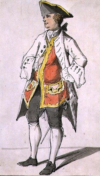 Tricorn-hattuinen herrasmies, hahmotutkimusalbumista, 1700-luvun puoliväli (kynä & muste akvarelleilla) tekijältä Sarah Hamilton