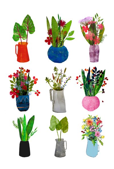 Maljakoita ja kannuja 2021 (muste paperille) tekijältä Sarah Thompson-Engels