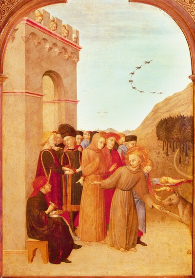 Pyhä Francois Assisilainen puhumassa Gubbion suden kanssa (yksityiskohta) (munan tempera poppelitaululla) tekijältä Sassetta (c.1392 1450)