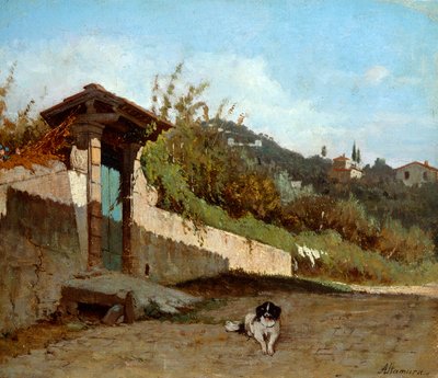 Toscanan huvilan portiikko, Francesco Saverio Altamura (1826-1897), öljy kankaalle, 23x27 cm. tekijältä Saverio Altamura