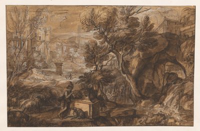Maisema paimenen kanssa antiikkisarkofagin luona tekijältä Sébastien Bourdon (attributed to)