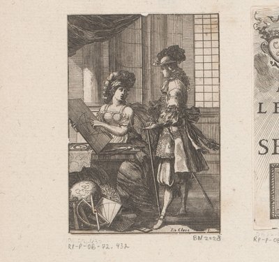Geometria ja nuori mies geometrisella piirustuksella Nimisivu: Pratique de la géometrie, sur le papier et sur le terrain (...), 1669 tekijältä Sébastien Leclerc (I)