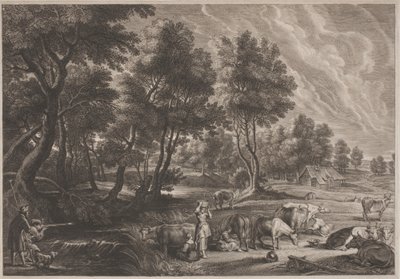 Maatilamaisema metsästäjien ja maitoneitojen kanssa tekijältä Schelte Adams Bolswert, after Sir Peter Paul Rubens