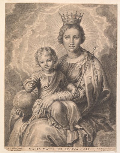 Maria lapsen ja maapallon kanssa Maria mater dei, regina caeli (otsikko esineessä) tekijältä Schelte Adamsz. Bolswert