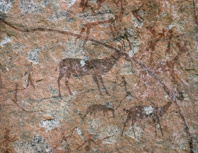 AFRIKAN TAIDE: Ngomo Carerassa Domboshawa Range -vuoristossa, 20 mailia pohjoiseen... (fresko) tekijältä School African