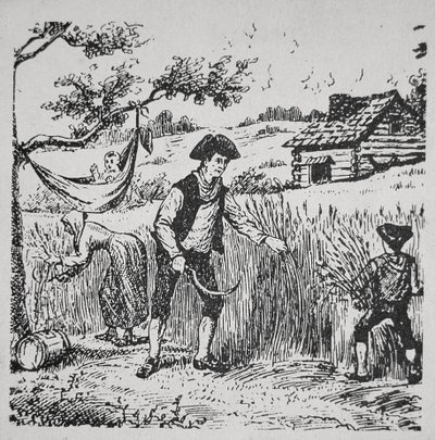 Perhe korjuu maissia (litho) tekijältä School American