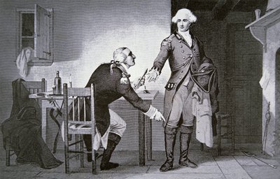 Amerikkalainen petturi: Kenraali Benedict Arnold käskee Andrea piilottamaan paperit saappaaseen (litho) tekijältä School American